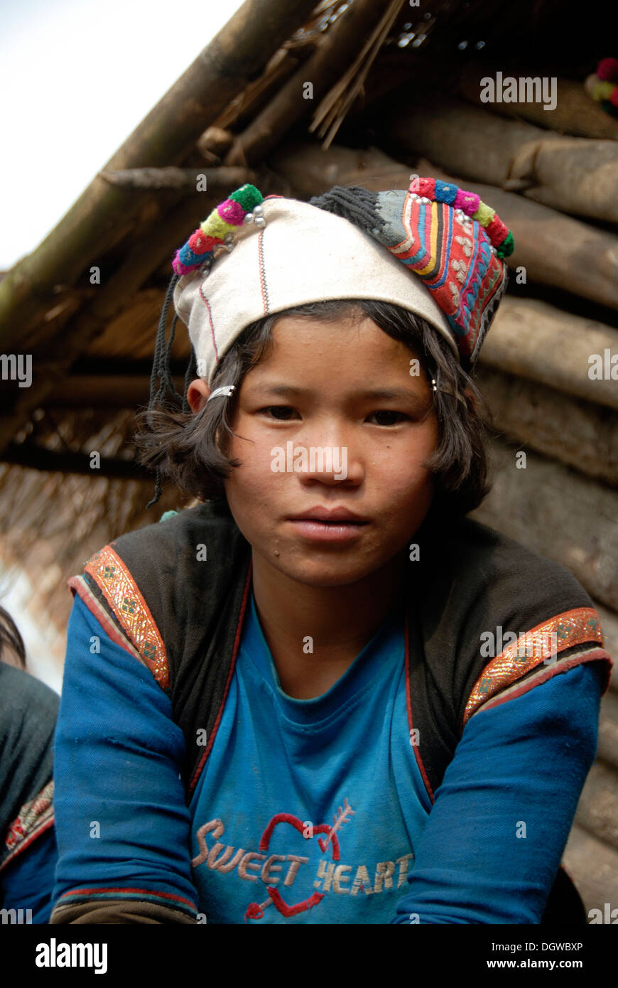 Portrait of girl of the Mouchi ethnic group wearing traditional clothes, T-shirt with Sweet Heart writing and coloured turban Stock Photo