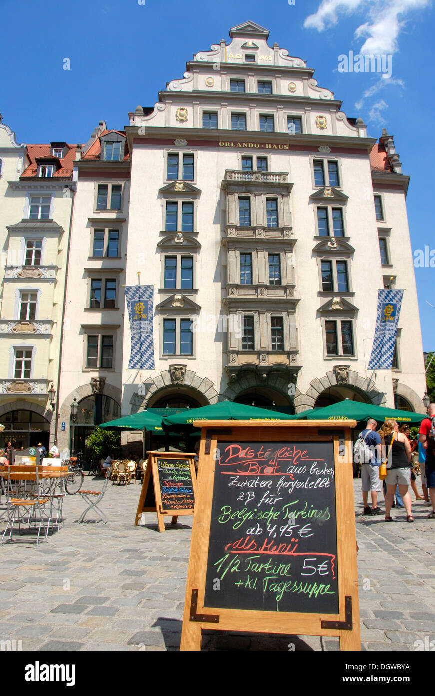 Orlando-Haus building on the Platzl, square with restaurant and menu on blackboard, downtown, old town, Munich, capital Stock Photo