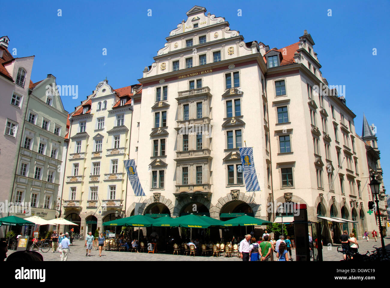 Orlando-Haus building on the Platzl, square with restaurant, downtown, old town, Munich, capital, Upper Bavaria, Bavaria Stock Photo