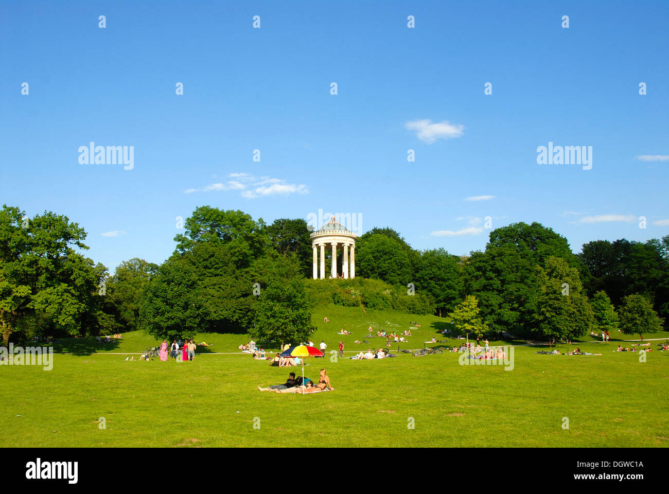 English Garden, park, lawn and Monopteros temple, leisure, Munich, capital, Upper Bavaria, Bavaria Stock Photo