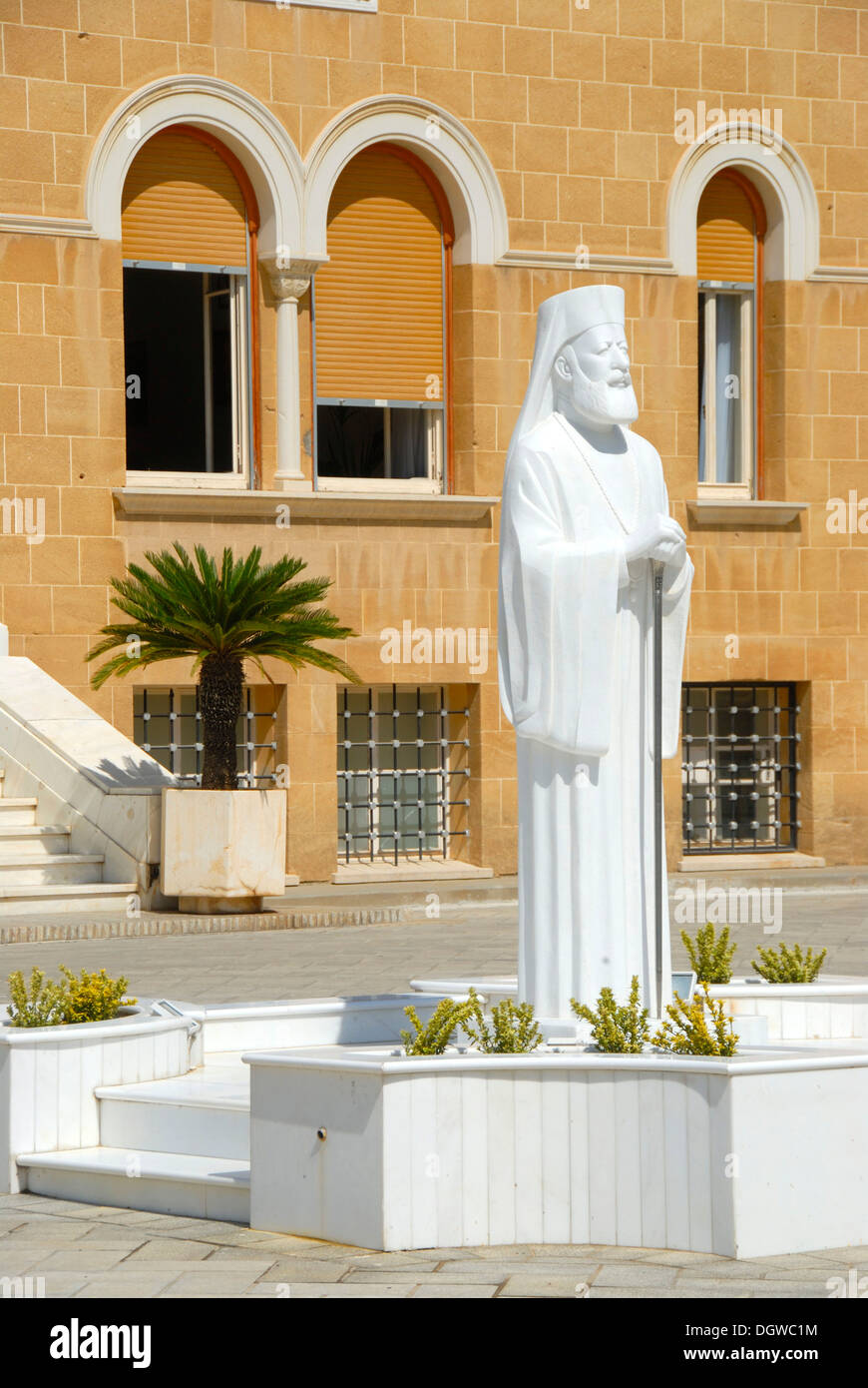 New statue, white marble, Archbishop and President Makarios III, Archbishop's Palace, Nicosia, Lefkosia, Southern Cyprus Stock Photo