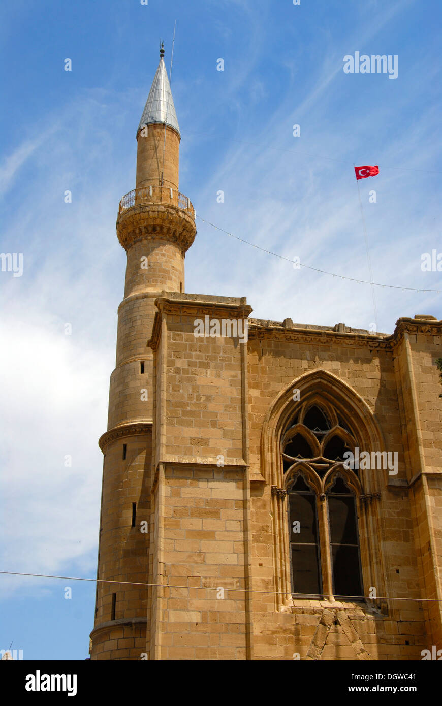 High minaret of the Selimiye Mosque, old Gothic Cathedral of St. Sophia, Agia Sofia, Nicosia, Lefkosa, Turkish Republic of Stock Photo