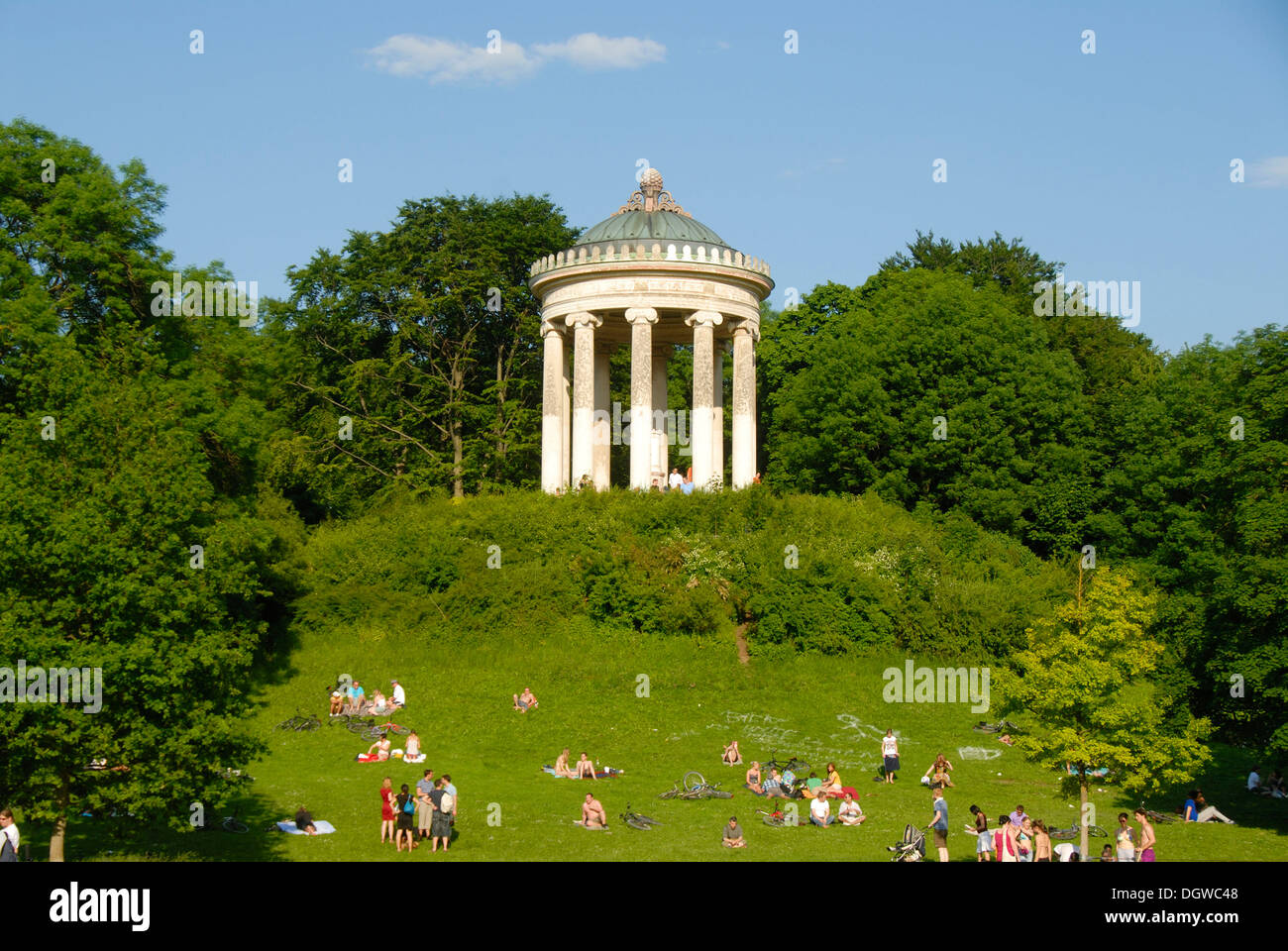 English Garden, park, classicism, Monopteros temple over lawn, leisure, Munich, capital, Upper Bavaria, Bavaria Stock Photo