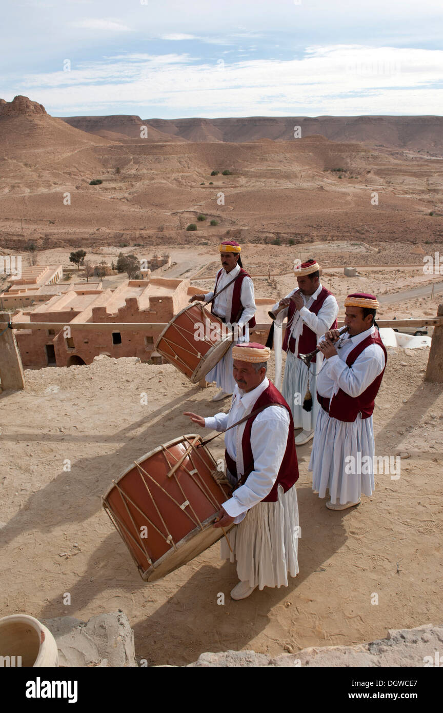 Berber music group in costumes, drums and trumpets, Douiret, Southern Tunisia, Tunisia, Maghreb, North Africa, Africa Stock Photo