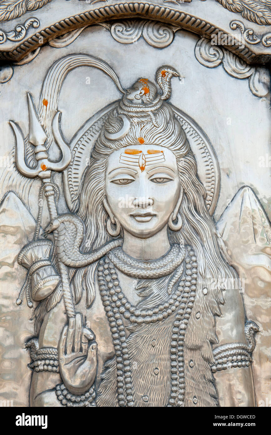 Hinduism, studded silver, God Shiva with a trident, god of creation and destruction, Durgiana Mandir Vishnu Temple, Amritsar Stock Photo