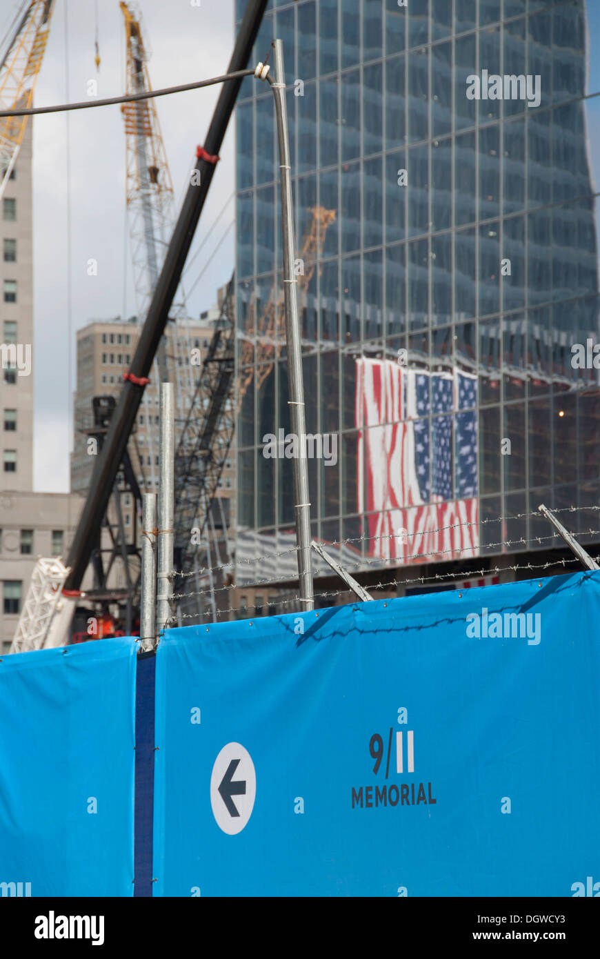 Construction site, reflection of an American flag, 9-11 Memorial, Ground Zero, New York City, USA, North America, America Stock Photo