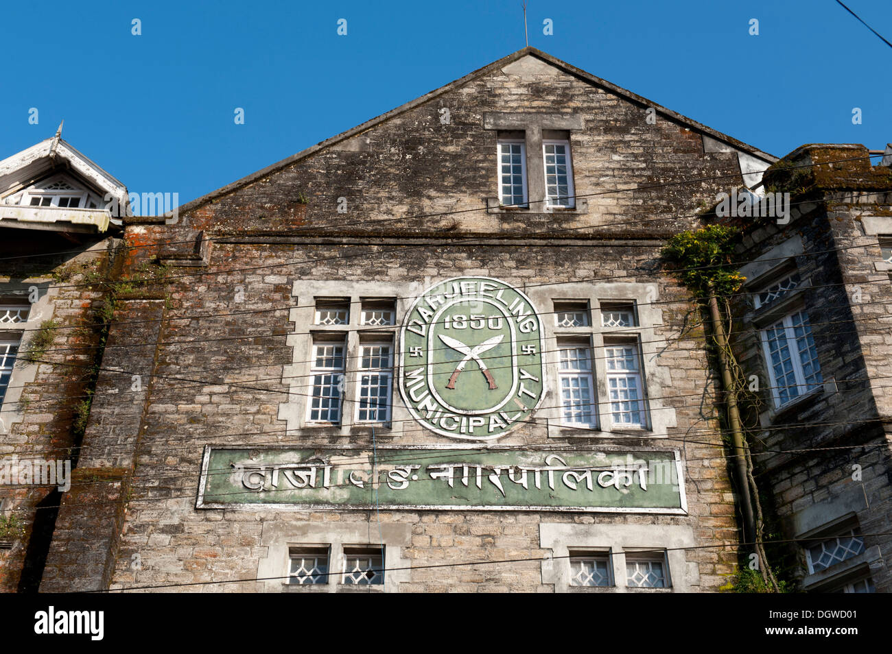 Old British colonial building, sign 'Darjeeling Municipality', Himalayan foothills, West Bengal, India, South Asia, Asia Stock Photo