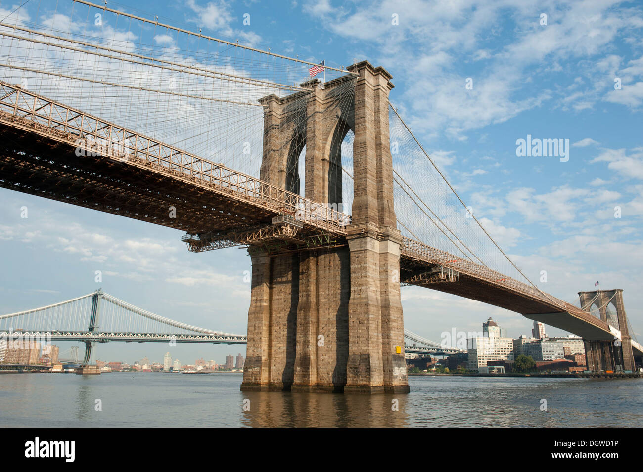 Suspension bridge over the East River, large bridge piers, Brooklyn