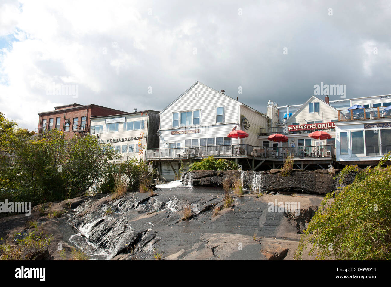 Rearside of restaurants above a rock ledge, Camden, Maine, New England
