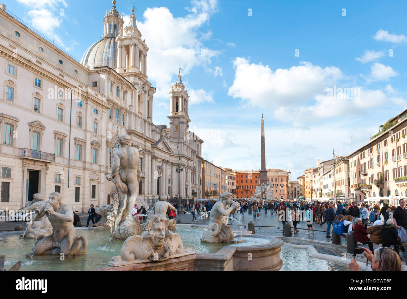 Baroque architecture, historical city centre, Church of Sant'Angese in Agone, fountain Fontana del Moro Roma, Roman obelisk Stock Photo