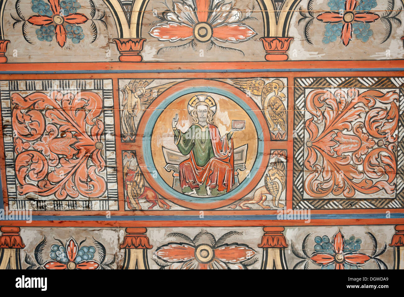 Historical wooden church, medieval art, ceiling painting, Jesus Stock