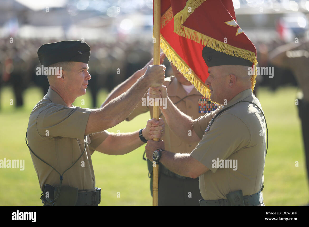 Colonel Jay M. Bargeron (left), 7th Marine Regiment commanding officer, and Col. Austin E. Renforth, former commanding officer, Stock Photo