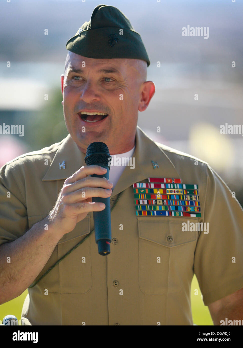 Colonel Austin E. Renforth, the former commanding officer of 7th Marine Regiment, addresses the crowd during a change of command ceremony at the Lance Cpl. Torrey L. Gray Memorial Field here, Oct. 17, 2013. Renforth, a native of Wheeling, W. Va., deployed Stock Photo