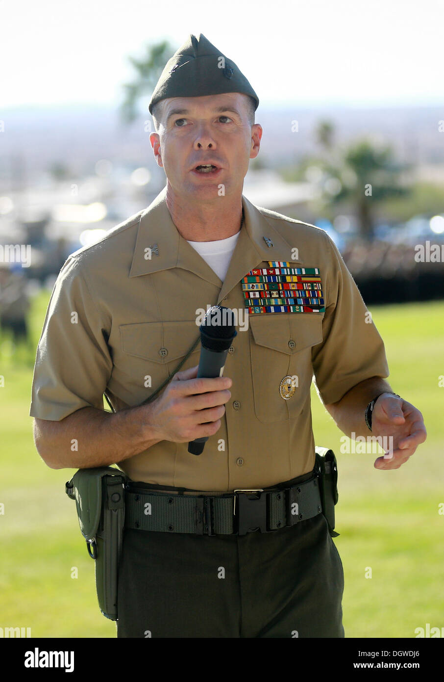 Colonel Jay M. Bargeron, commanding officer, 7th Marine Regiment, addresses the crowd after assuming command of the regiment during a change of command ceremony at the Lance Cpl. Torrey L. Gray Memorial Field here, Oct. 17, 2013. Bargeron, a native of Val Stock Photo