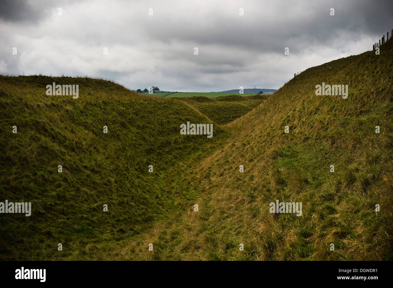 Maiden Castle, the largest Iron Age Hill Fort in the UK, near Dorchester, Dorset. Stock Photo
