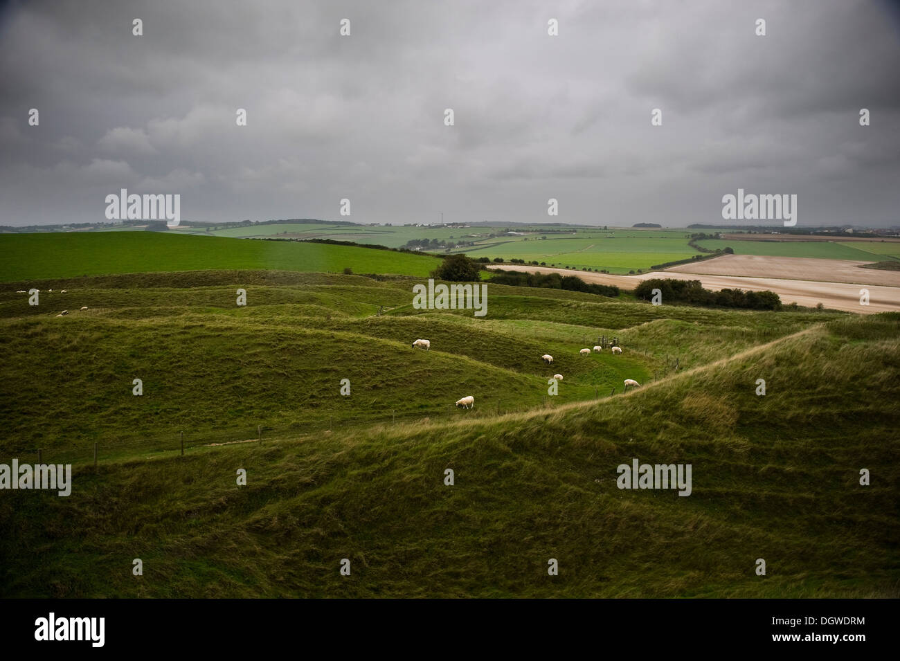 Maiden Castle, the largest Iron Age Hill Fort in the UK, near Dorchester, Dorset. Stock Photo
