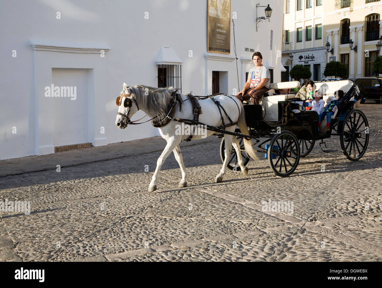 Horse and carriage ride through streets of old city Ronda Spain Stock