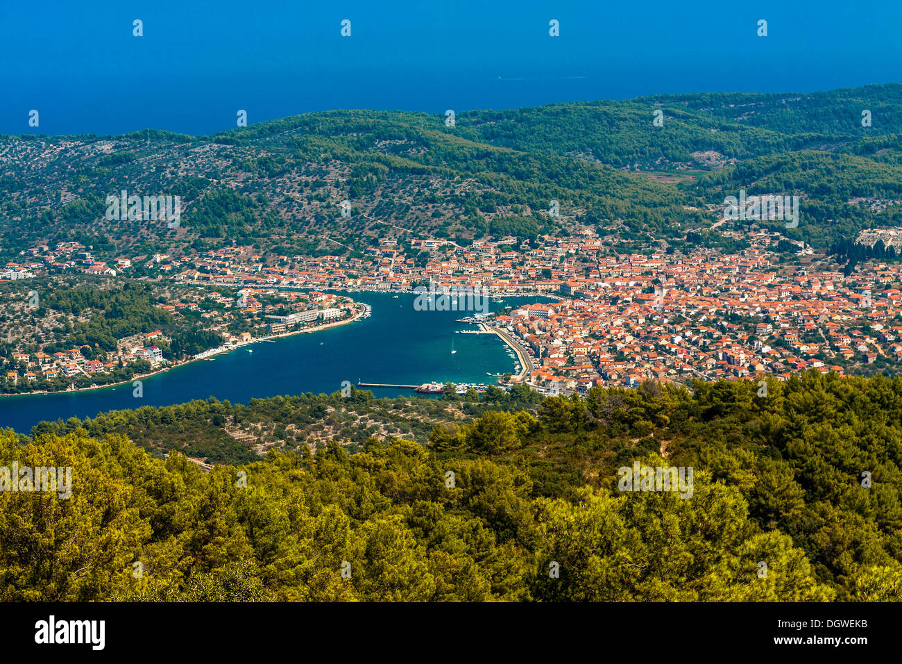 Vela Luka town view from Hum Hill, Korcula island, Croatia Stock Photo ...