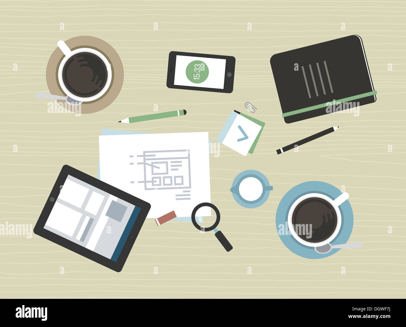 Flat design illustration concept of modern business meeting with coffee break and office objects. Stock Photo