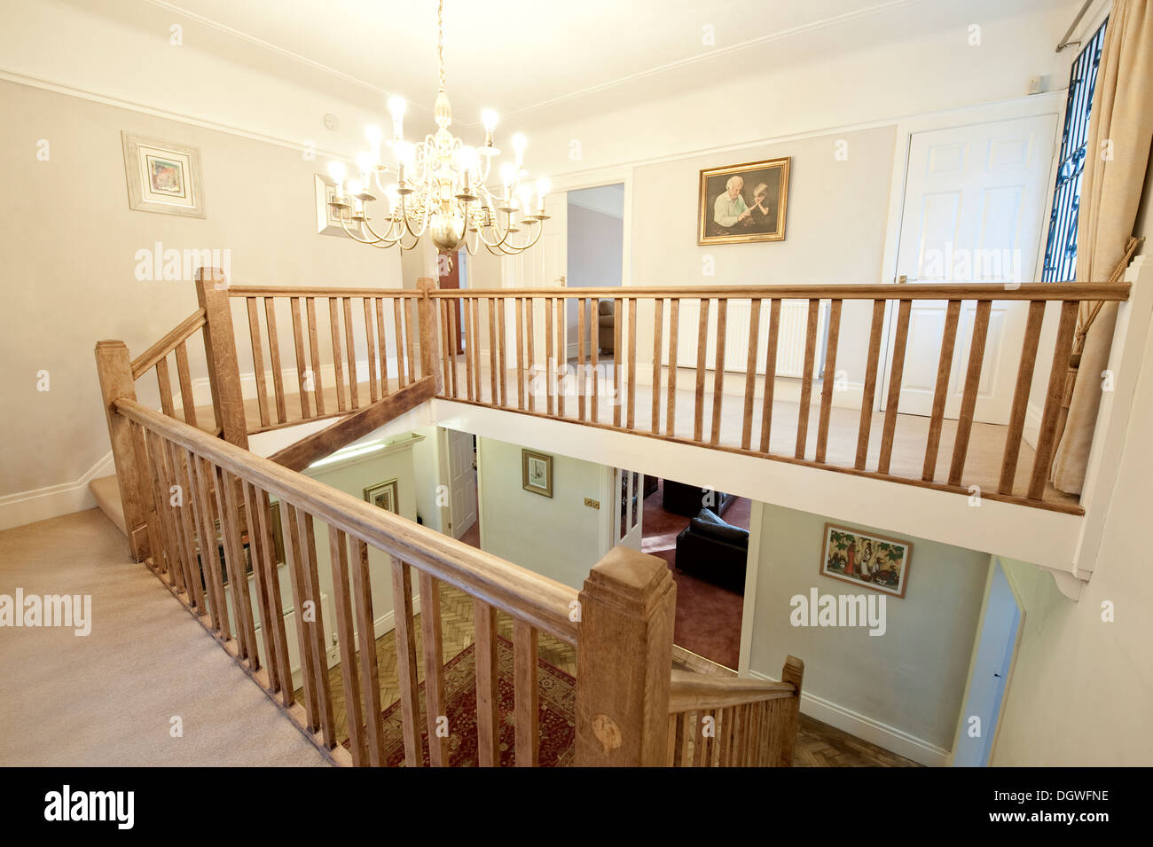 Large House Domestic Landing Hallway Wood Bannister Stock Photo