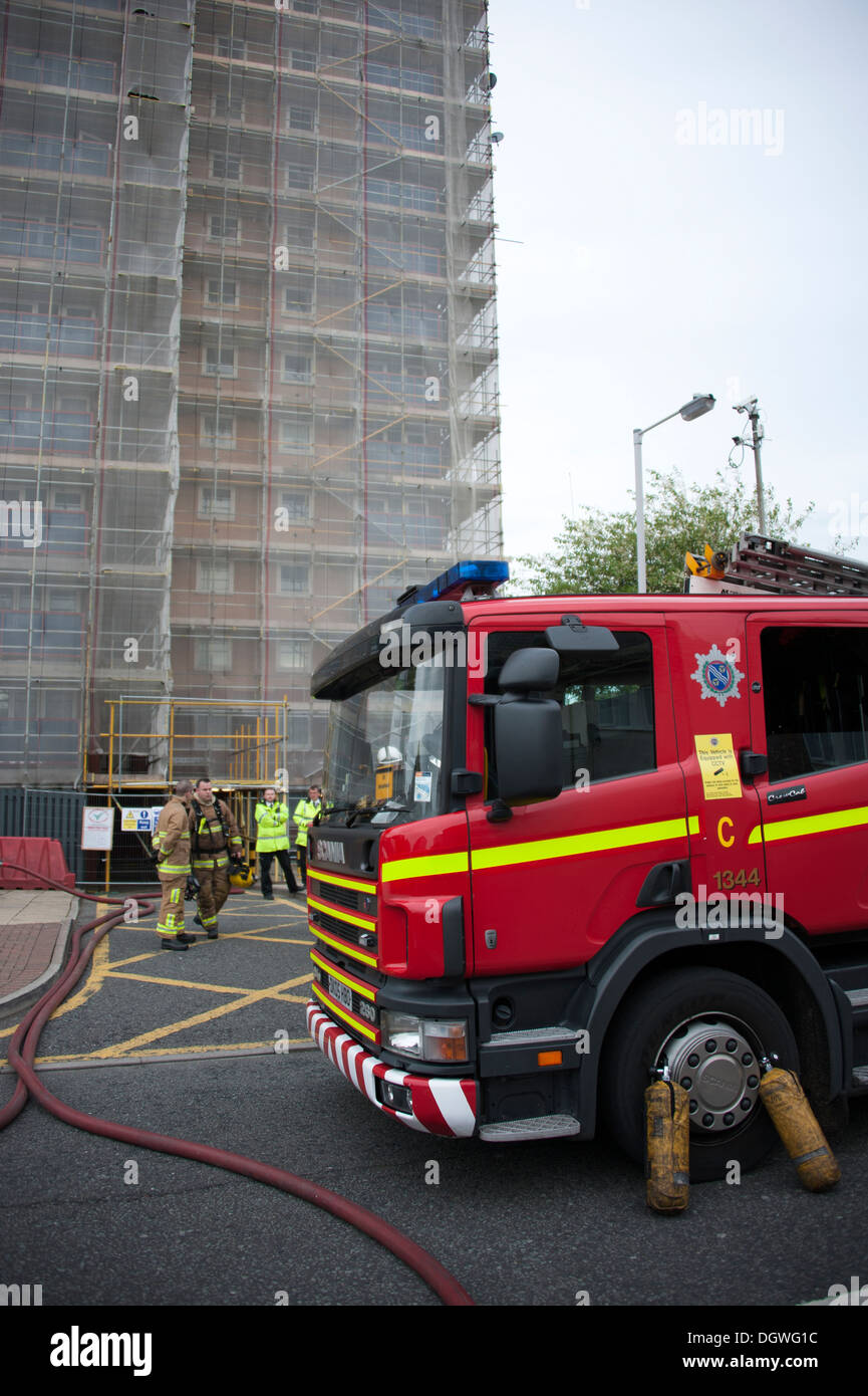 Fire Engine at High rise flats fire Stock Photo
