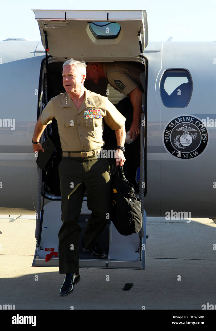 The 35th commandant of the Marine Corps, General James F. Amos, and the 17th sergeant major of the Marine Corps, Sgt. Maj. Micheal P. Barrett, arrive at Marine Corps Air Station Miramar, San Diego, Calif., Oct. 18, 2013. Stock Photo