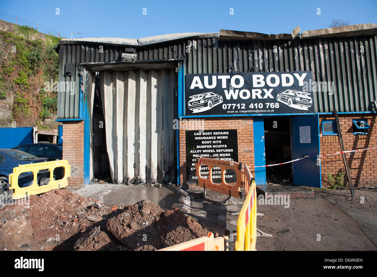 Car auto Body spray shop burnt out fire destroyed Stock Photo