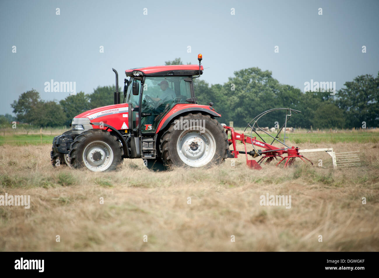 Tractor turning hay to dry in summer sun Stock Photo