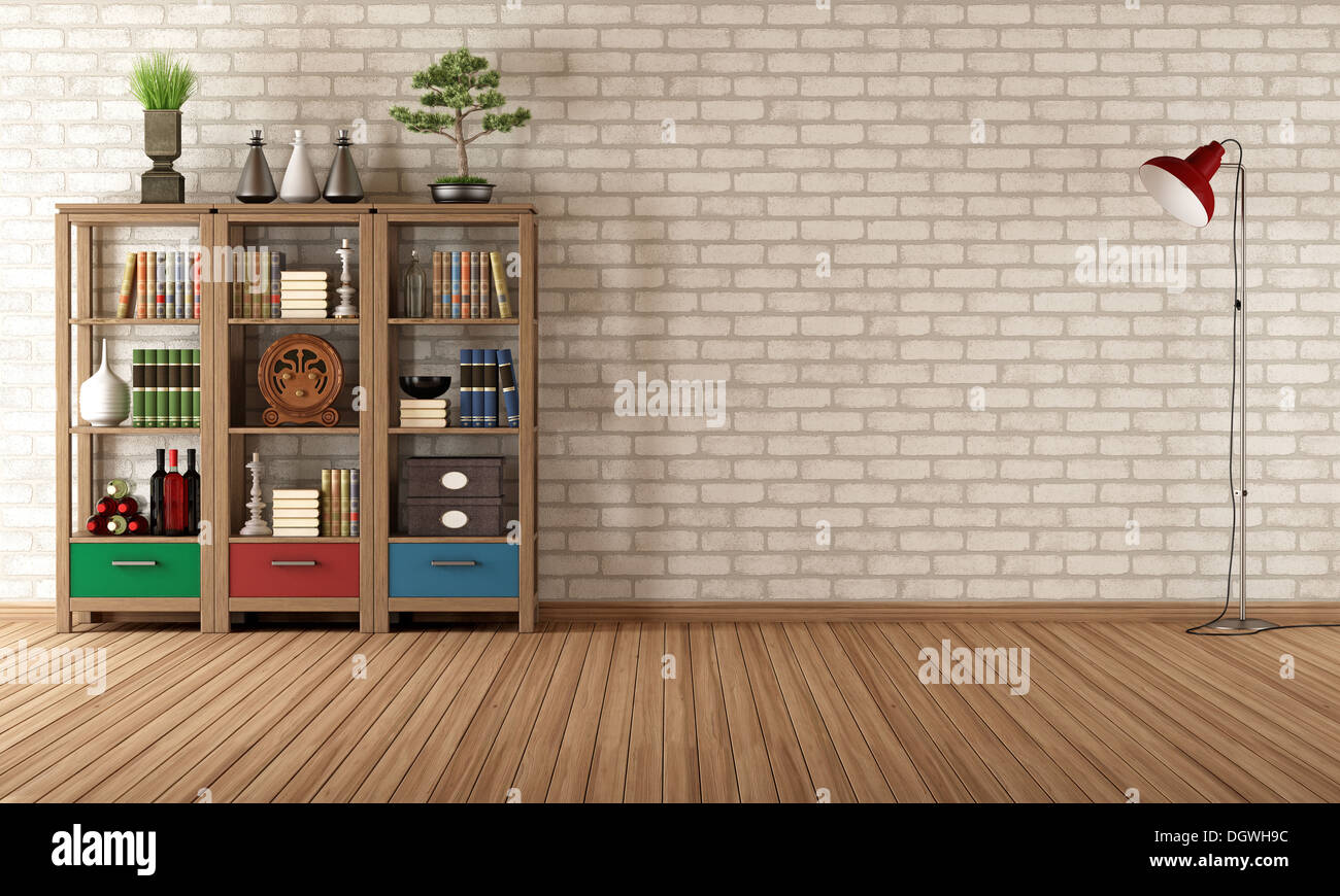 Empty living room with vintage bookcase - rendering Stock Photo