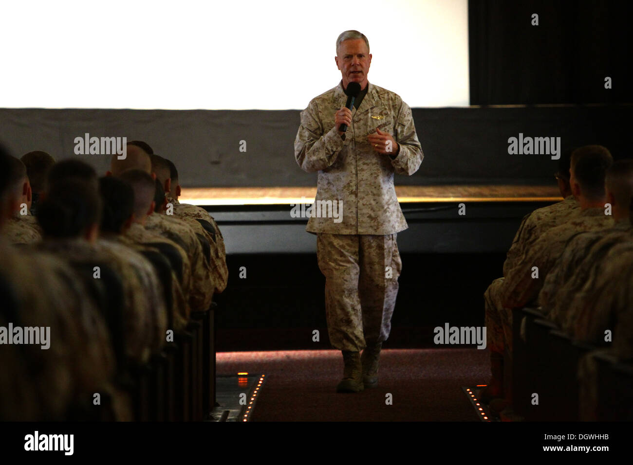 The commandant of the Marine Corps, Gen. James F. Amos and the 17th sergeant major of the Marine Corps, Sgt. Maj. Micheal P. Barrett, address Marine noncommissioned officers (NCO’s) with 3rd Marine Aircraft Wing aboard Marine Corps Air Station Miramar, Sa Stock Photo