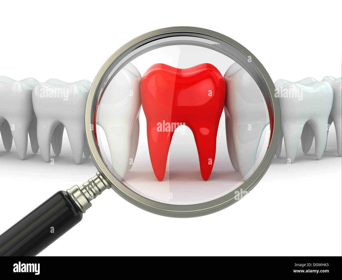 Search aching tooth in row of healthy teeth. 3d Stock Photo
