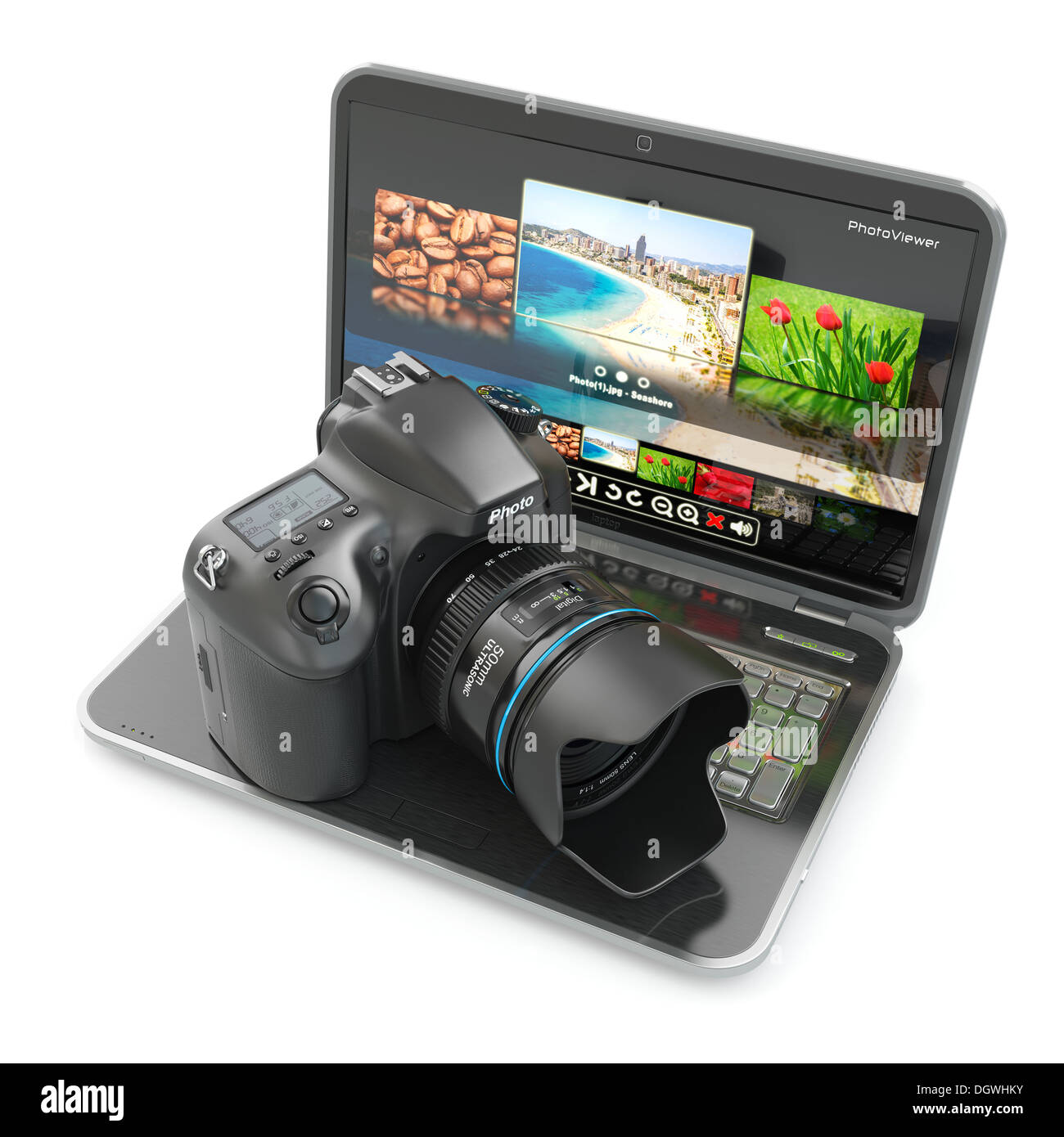 Digital photo camera and laptop. Journalist or traveler equipment. 3d Stock Photo