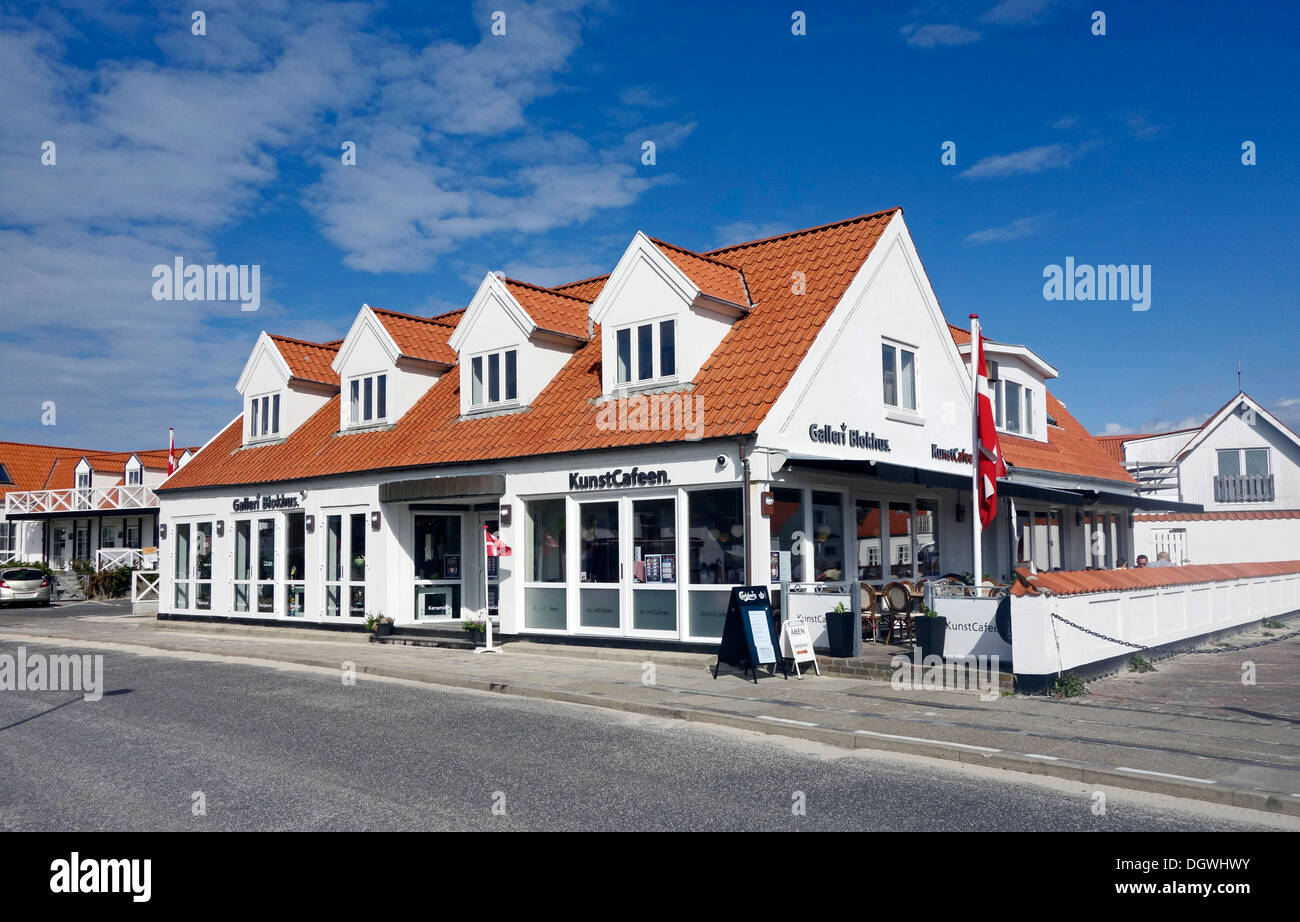 KunstCafeen and Galleri Blokhus in the main street leading to the beach and North Sea in Blokhus Jutland Denmark Stock Photo