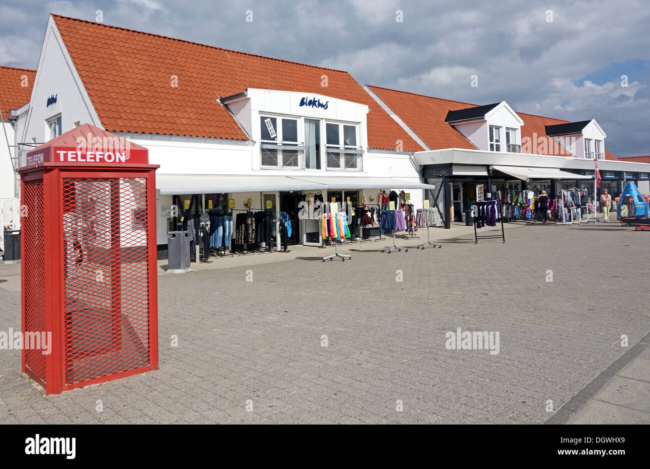 Shops in Torvet (Square) in Blokhus Jutland Denmark with telephone box  Stock Photo - Alamy