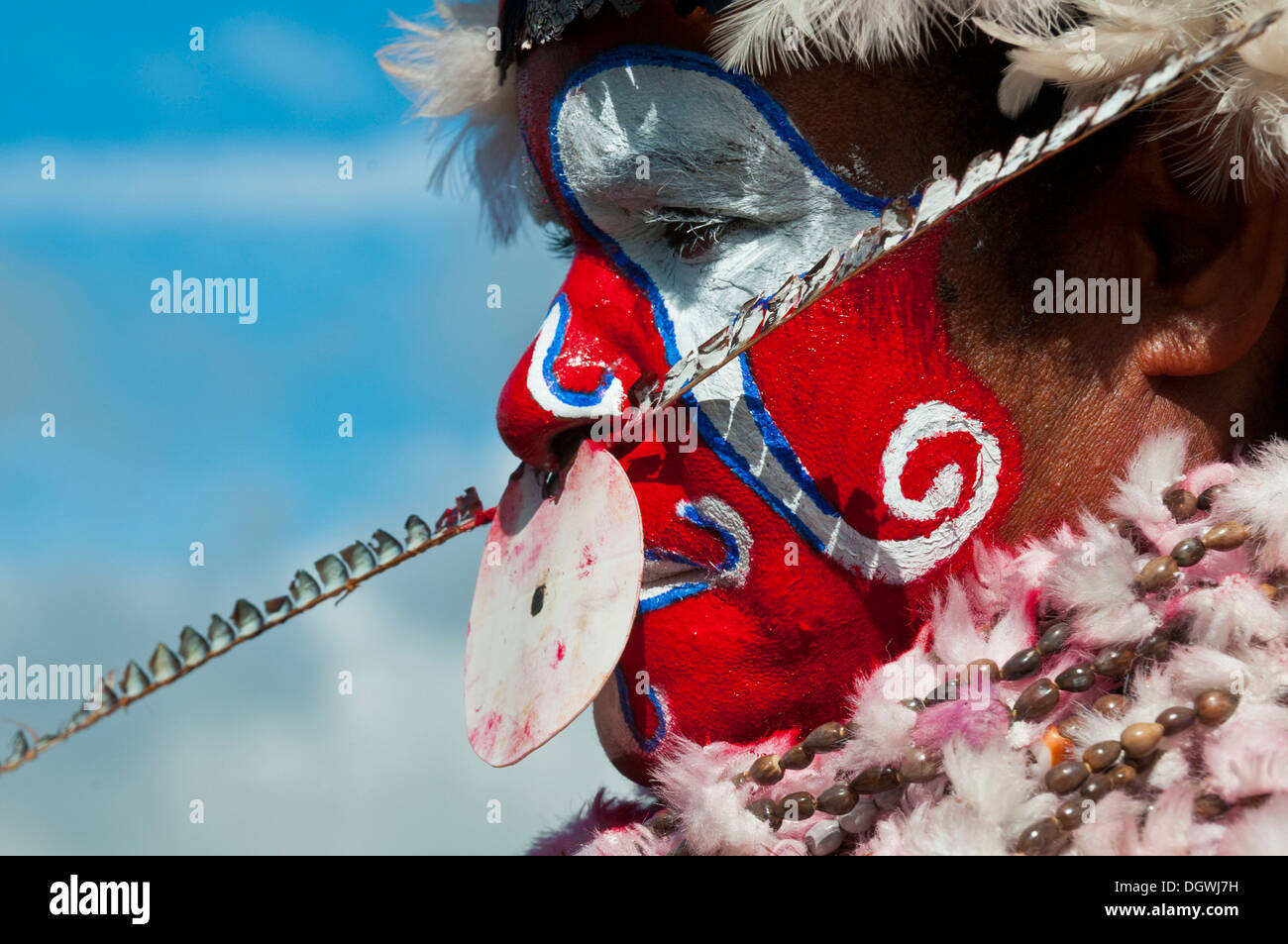 Member of a tribe in a colourfully decorated costume with face paint at the traditional sing-sing gathering, Hochland Stock Photo