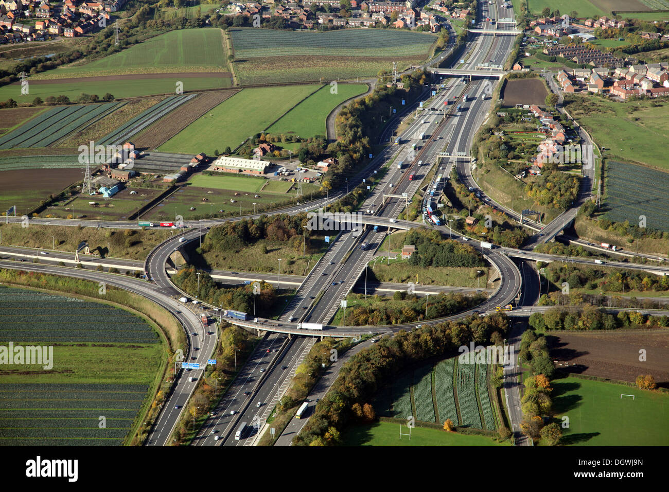aerial view of the M1 / M62 Motorway Junction in West Yorkshire near Wakefield and Leeds Stock Photo