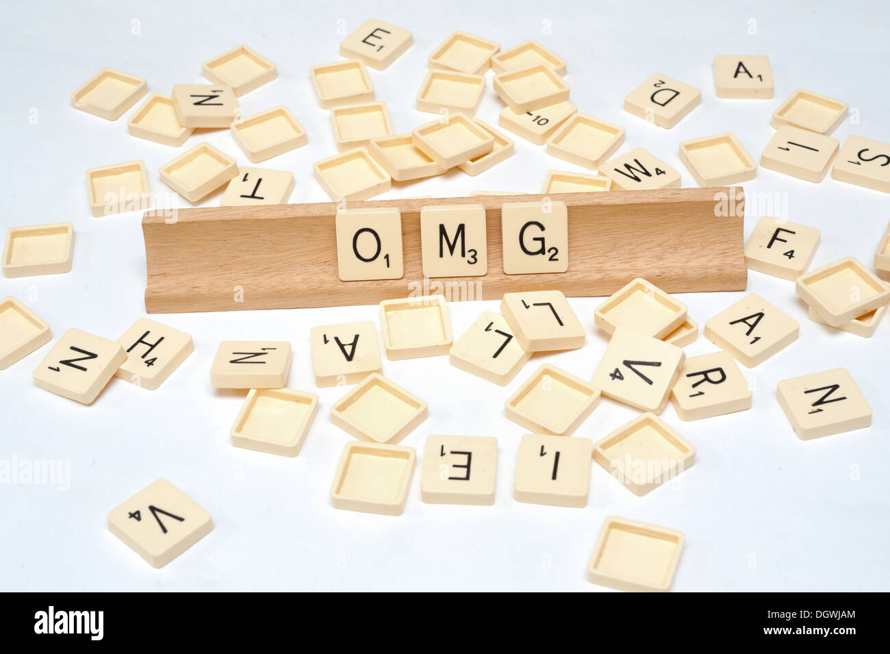'OMG' written in scrabble tiles Stock Photo