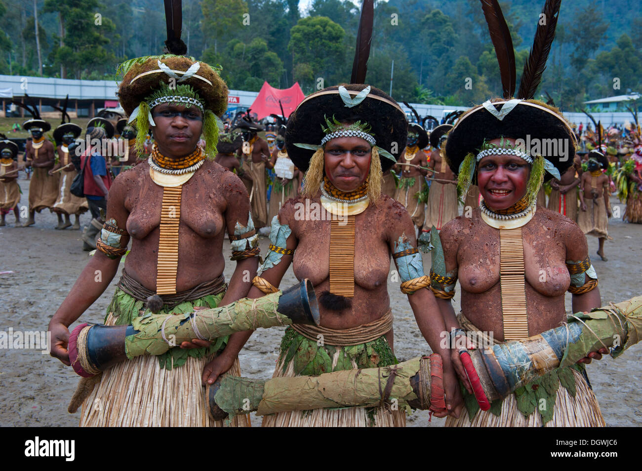 Decorated and painted women celebrating the traditional Sing Sing in the highlands, Enga, Highlands, Papua New Guinea Stock Photo