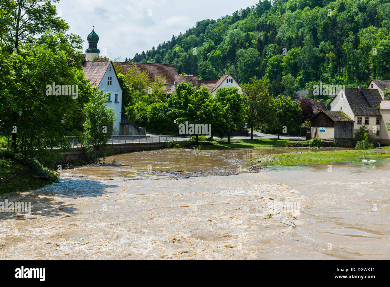 Flood of the river Neckar, 02 Jun 2013 at noon, flooded weir and meadows, river with a strong current, Bad Niedernau Stock Photo