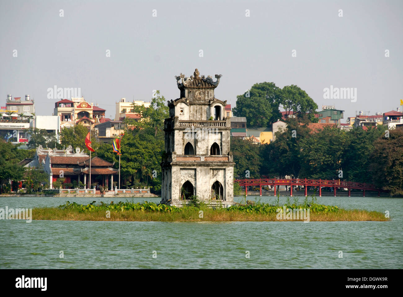 Thap Rua Turtle Tower, red The-Huc-Bridge, Ngoc Son Jade Mountain Temple, Hoan Kiem Lake, old town of Hanoi, Vietnam Stock Photo