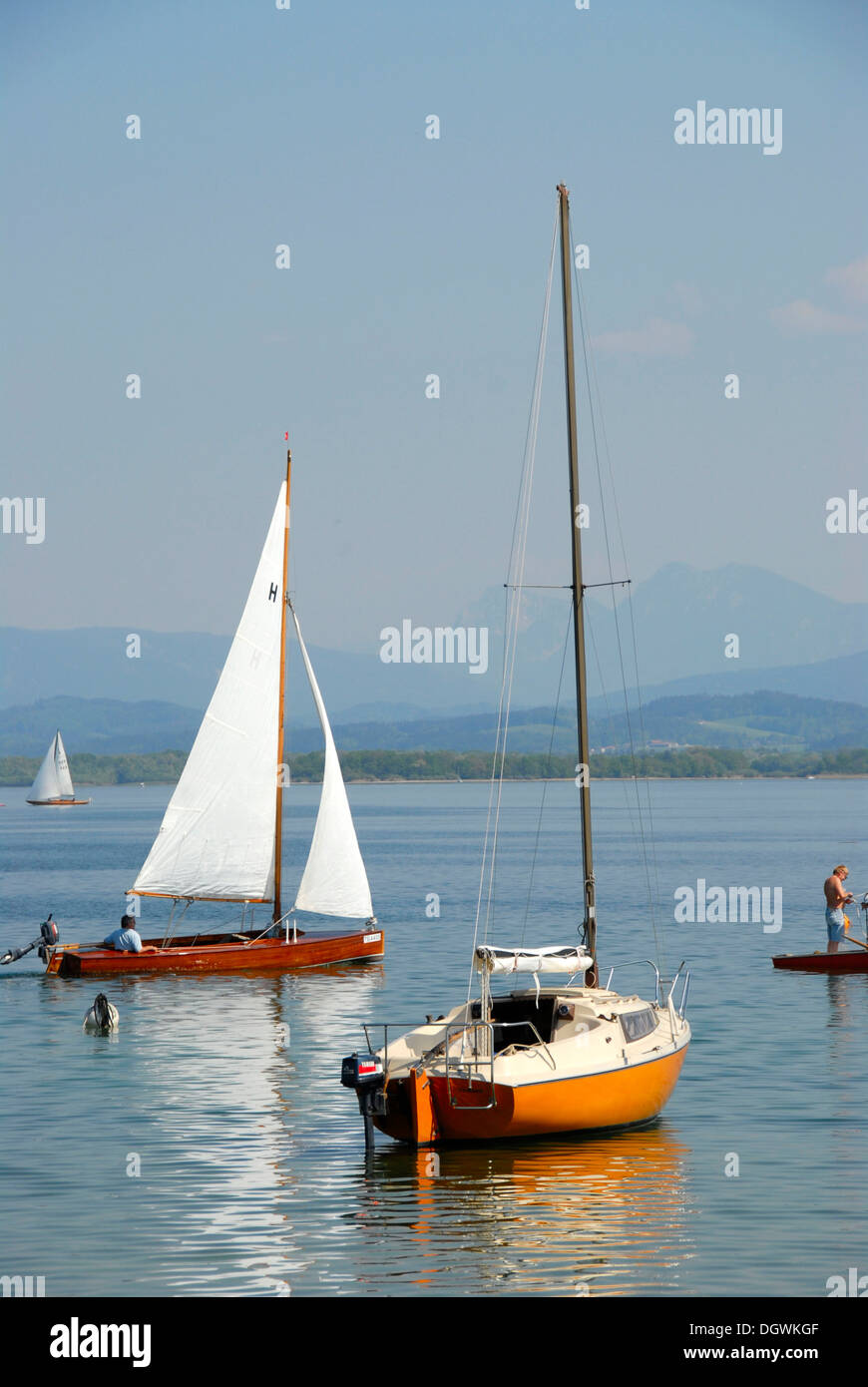 Sailboats idling on the Chiemsee lake, Chiemgau, Upper Bavaria, Bavaria Stock Photo