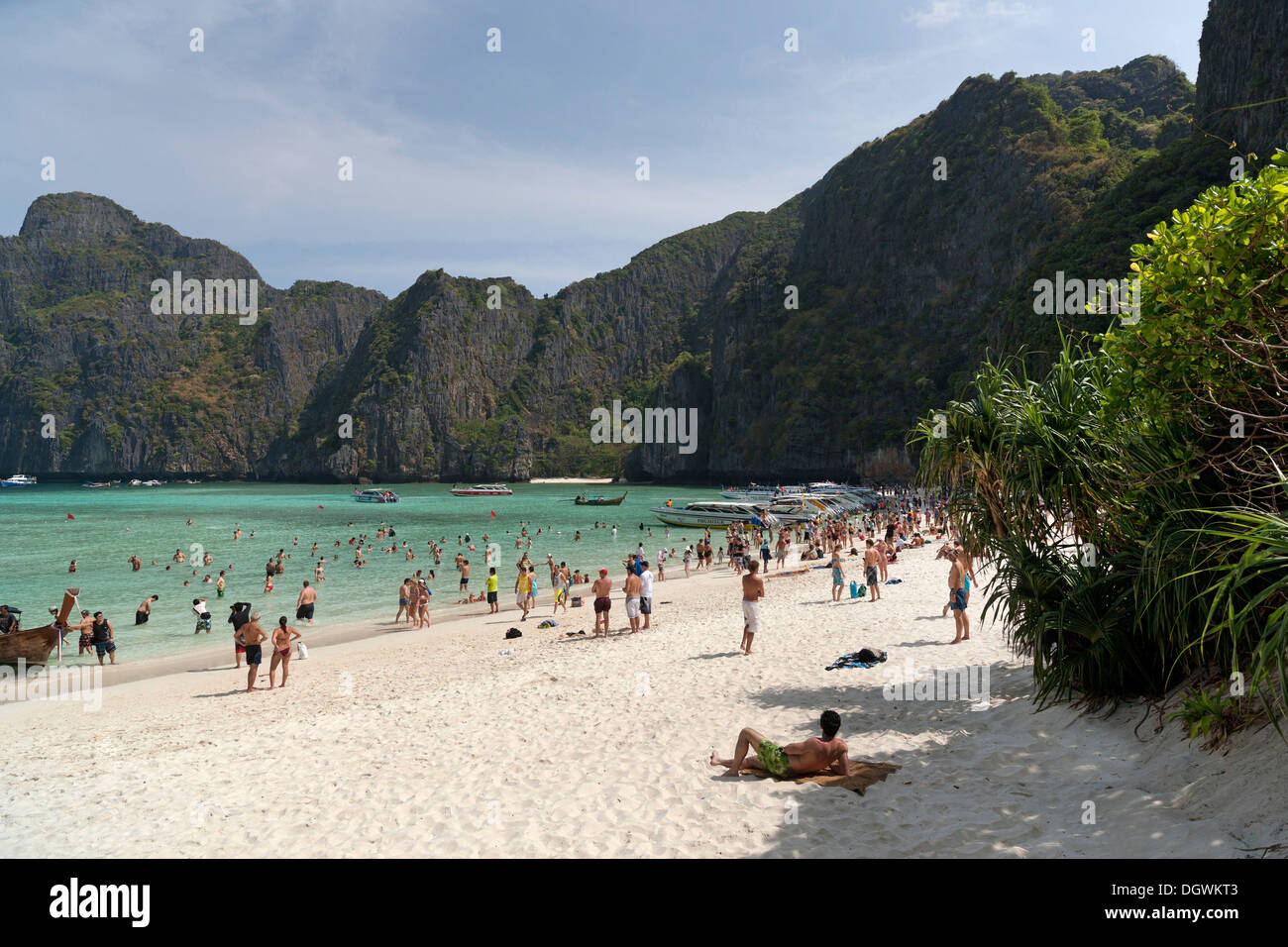 Mass tourism on the sandy beach of Maya Beach, Ko Phi Phi Island, Phuket, Thailand, Asia Stock Photo