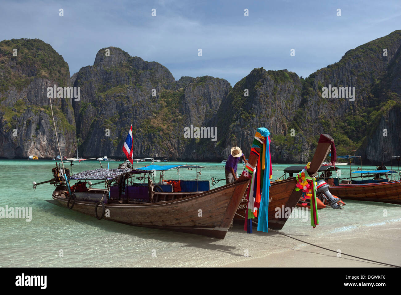 Longtail boats on the sandy beach of Maya Beach, Ko Phi Phi Island, Phuket, Thailand, Asia Stock Photo