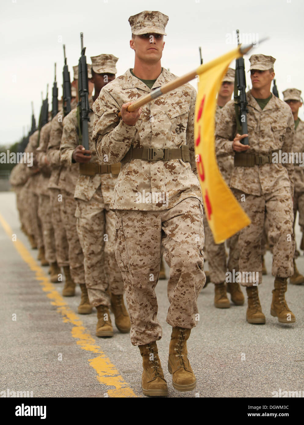 Rct. Zachary Smith, Platoon 3102, Lima Company, 3rd Recruit Training Battalion, presents the guidon, or unit flag, during the in Stock Photo