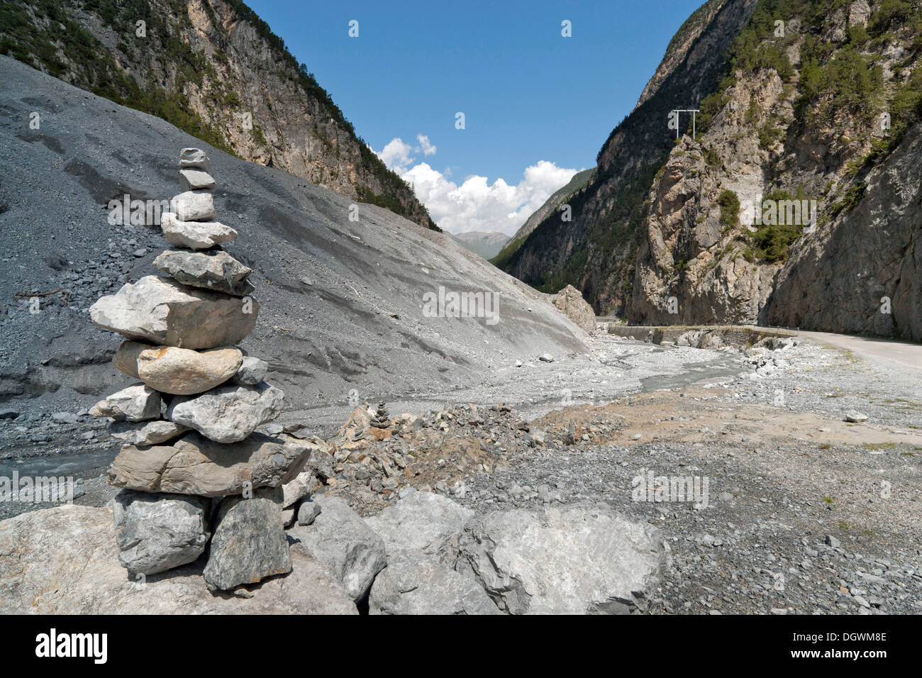 Cairn near S-charl, Scuol, S-charl valley, Engadine Dolomites, S-Charl, Engadin, Unterengadin, Canton of Graubünden Stock Photo