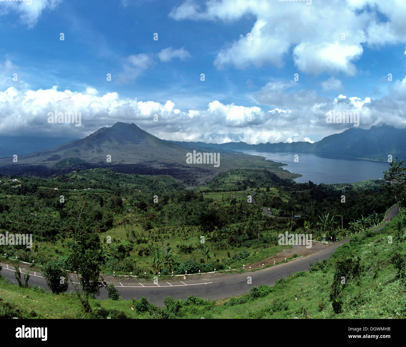 Panoramic view of Lake Batur, Mt Batur volcano, Batur, Bali, Südostasien, Indonesia Stock Photo