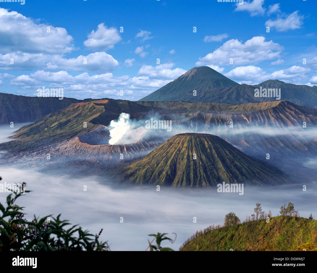 Mount Bromo with smoke, Mount Batok at front, Mt Kursi and Mt Gunung Semeru at back, volcano, eruption, Bromo Tengger Semeru Stock Photo