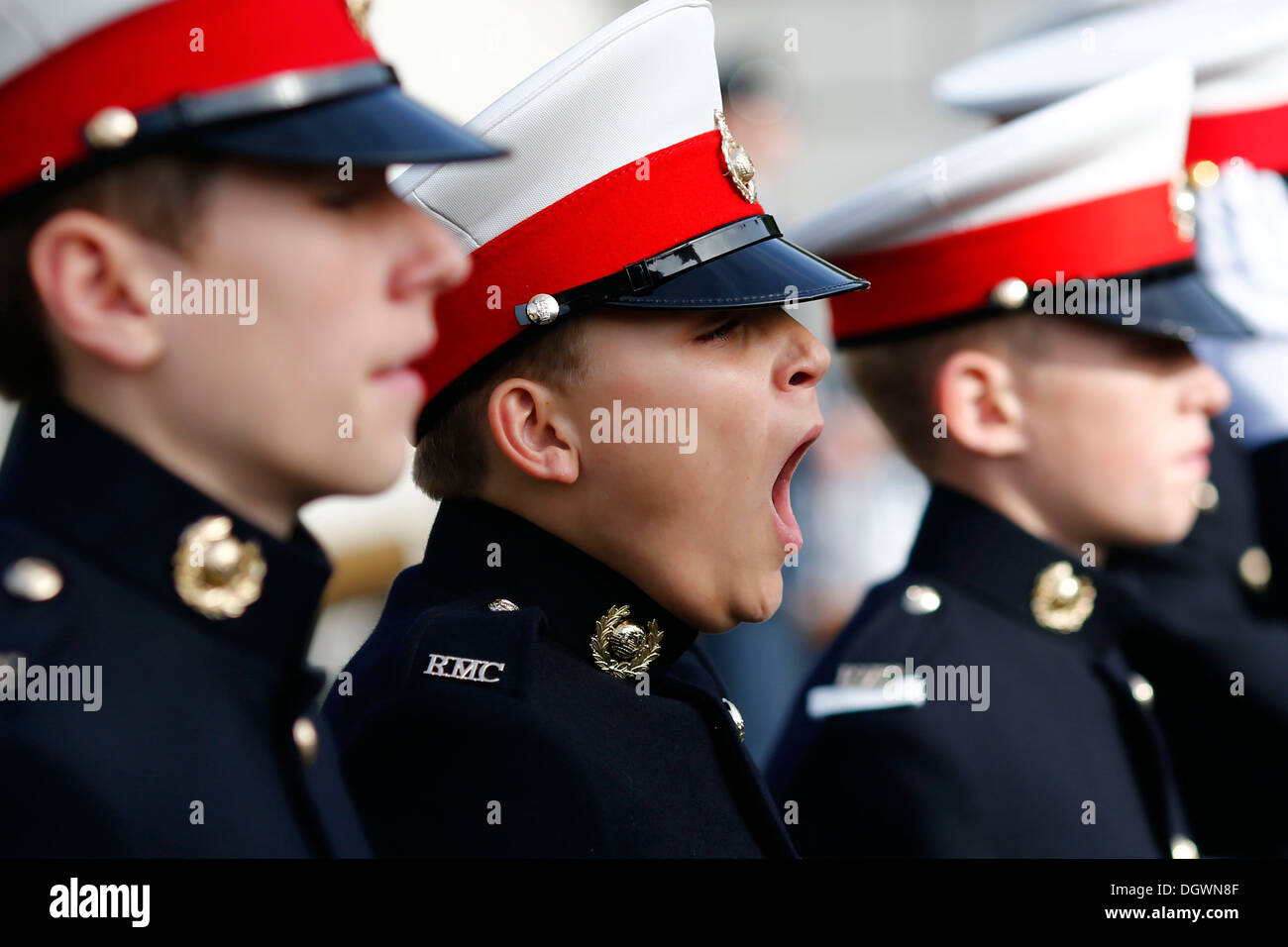 Navy Cadet yawns during the Trafalgar Day Parade at Central London's Trafalgar Square, Britain, 20 October 2013. The parade cele Stock Photo