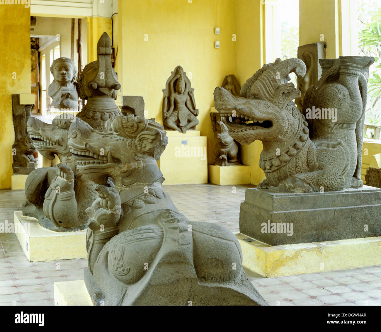 Makara, water monsters, mythical creatures, sandstone sculptures, Thap Mam style, 12-14th century, Thap Mam room, Cham Museum Stock Photo