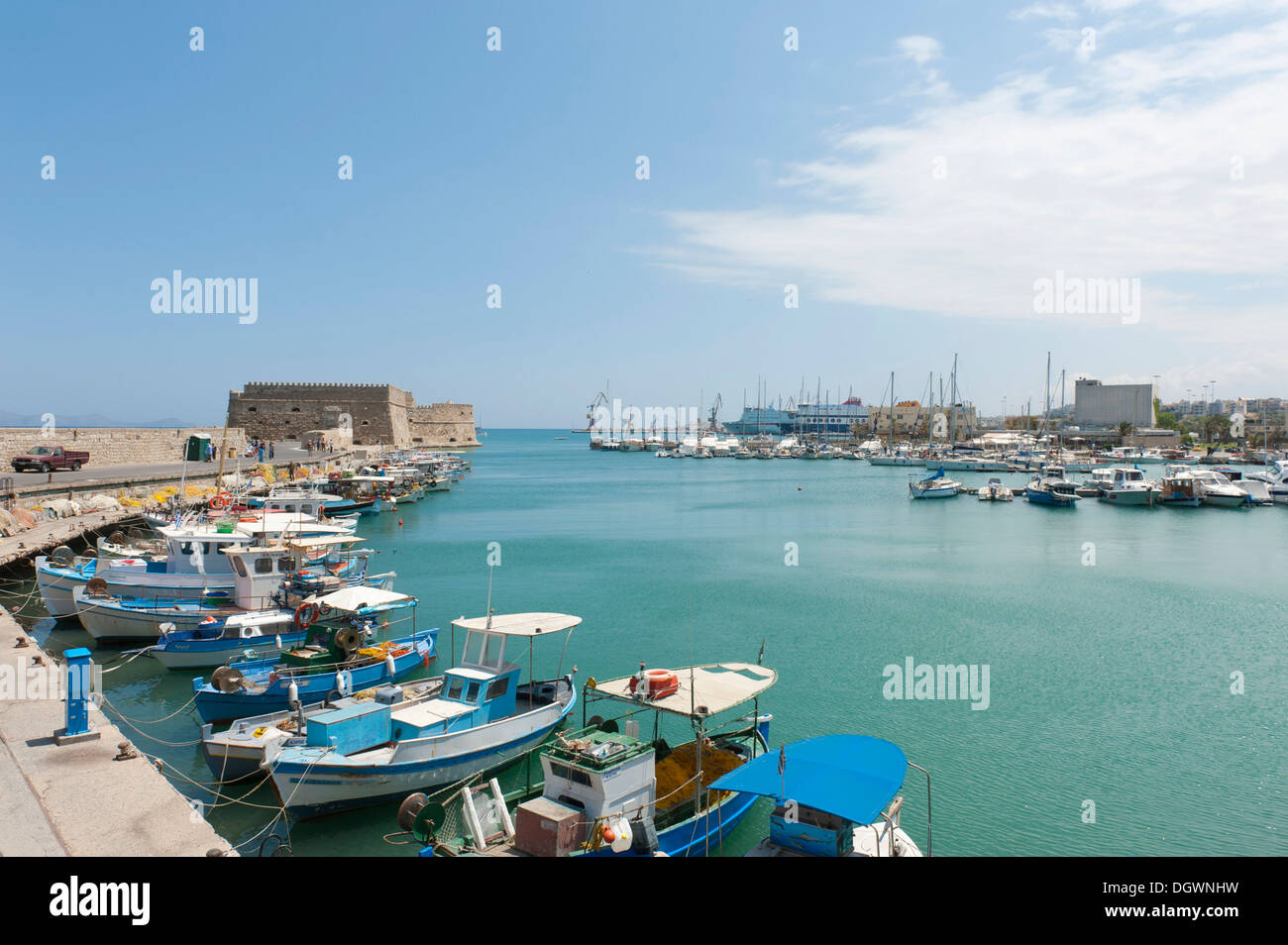 Fishing harbour, fishing boats, the old port with the Koules fortress, Rocca al Mare, Heraklion or Iraklion, Crete, Greece Stock Photo